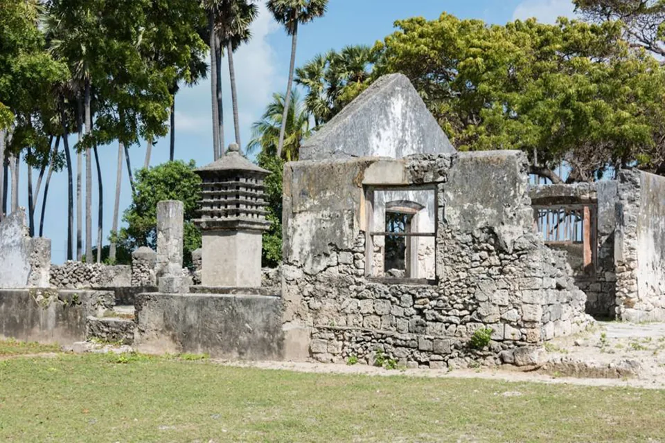 Stone ruins and palmyra trees on Delft Island, as identified on the owner website