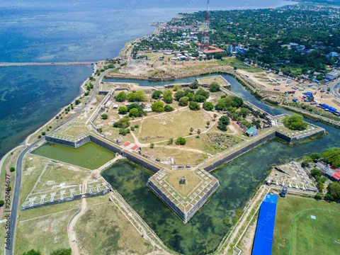 Aerial view of Jaffna Fort and the surrounding coastline