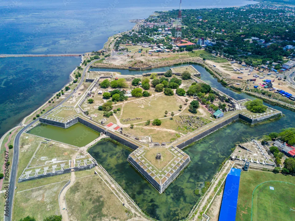 Aerial view of Jaffna Fort and the surrounding coastline