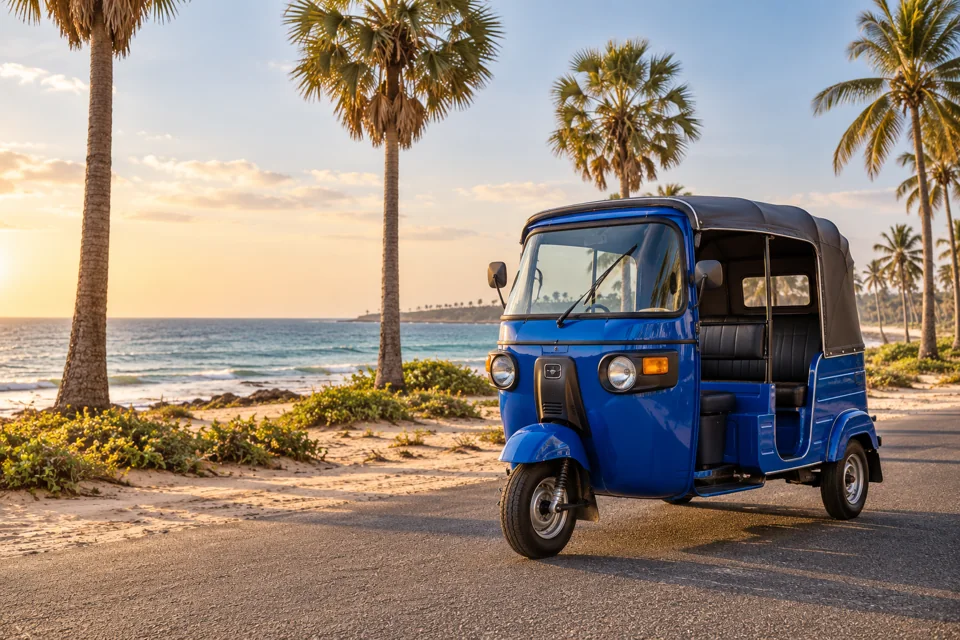 AI-created illustration of a cobalt blue tuk-tuk beside a palm-lined coastal road